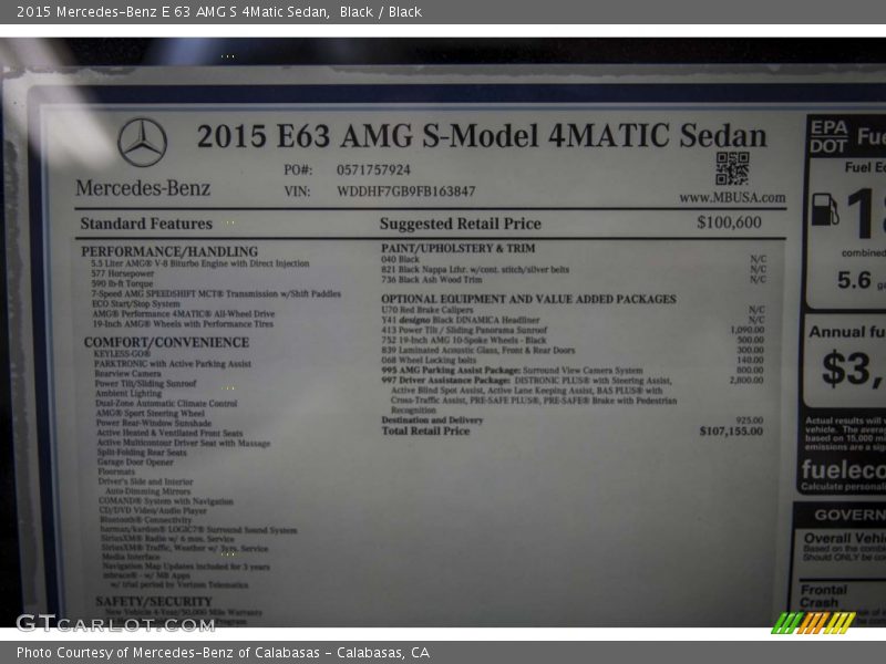  2015 E 63 AMG S 4Matic Sedan Window Sticker