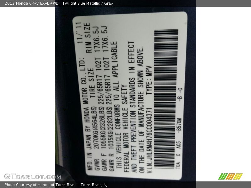 Twilight Blue Metallic / Gray 2012 Honda CR-V EX-L 4WD