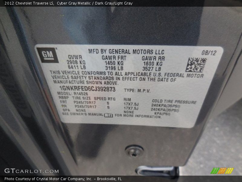 Cyber Gray Metallic / Dark Gray/Light Gray 2012 Chevrolet Traverse LS