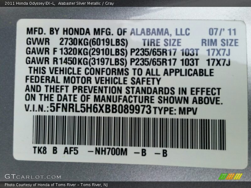 Alabaster Silver Metallic / Gray 2011 Honda Odyssey EX-L