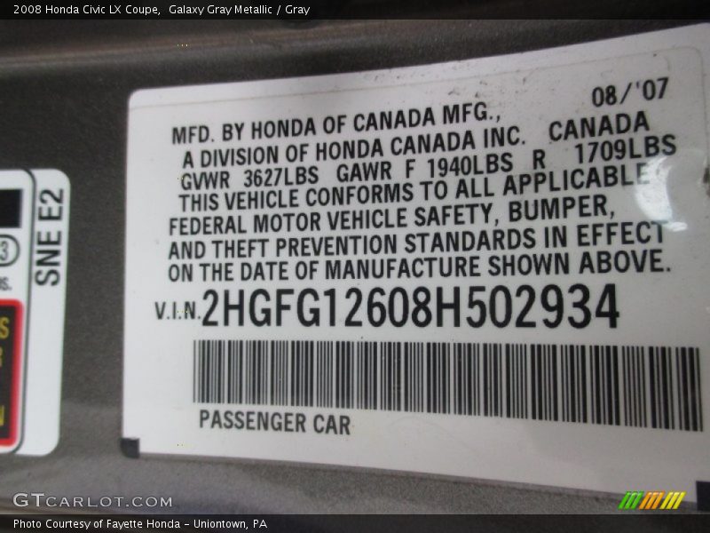 Galaxy Gray Metallic / Gray 2008 Honda Civic LX Coupe