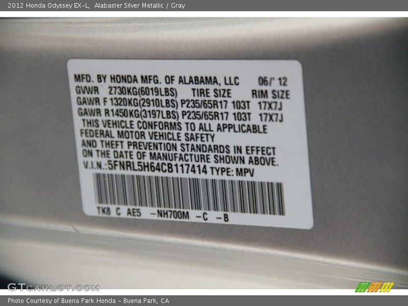 Alabaster Silver Metallic / Gray 2012 Honda Odyssey EX-L