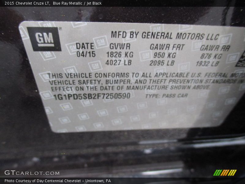 Blue Ray Metallic / Jet Black 2015 Chevrolet Cruze LT
