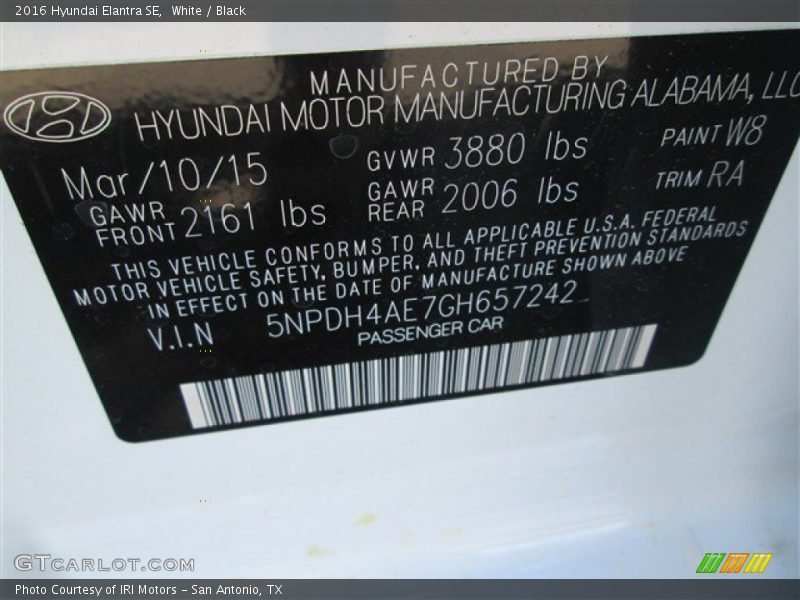 White / Black 2016 Hyundai Elantra SE