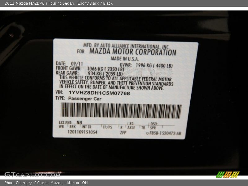Ebony Black / Black 2012 Mazda MAZDA6 i Touring Sedan