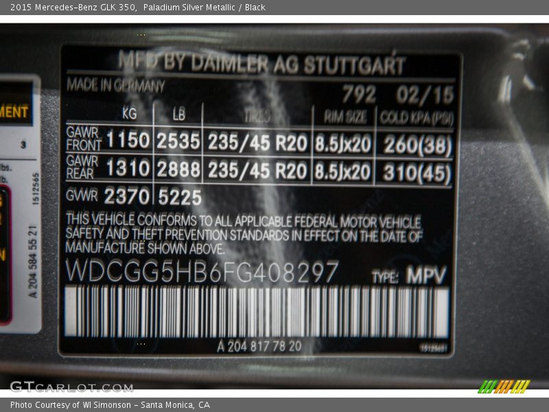 Paladium Silver Metallic / Black 2015 Mercedes-Benz GLK 350