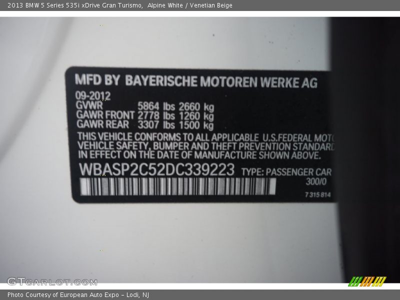 Alpine White / Venetian Beige 2013 BMW 5 Series 535i xDrive Gran Turismo