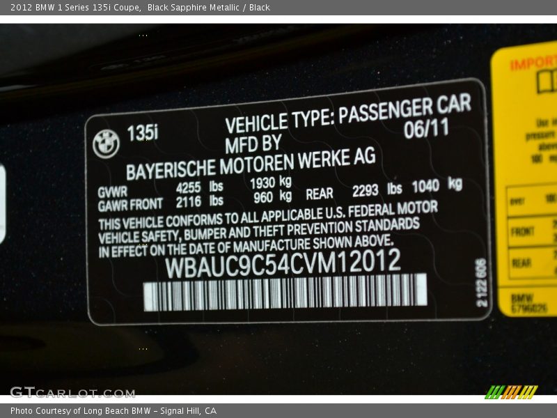 Black Sapphire Metallic / Black 2012 BMW 1 Series 135i Coupe