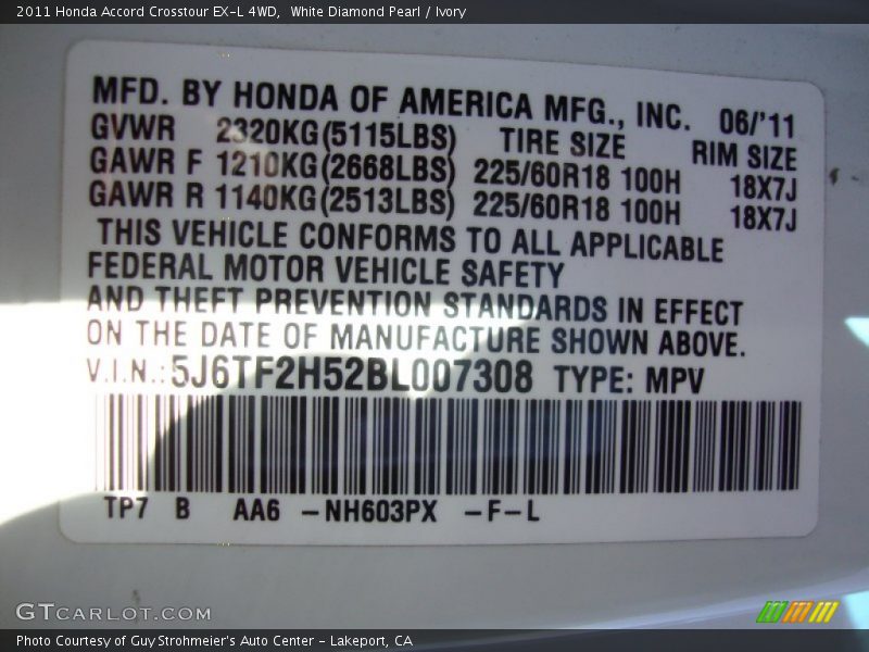 White Diamond Pearl / Ivory 2011 Honda Accord Crosstour EX-L 4WD