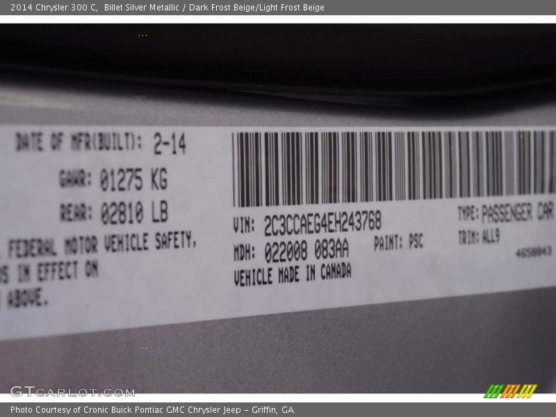 Billet Silver Metallic / Dark Frost Beige/Light Frost Beige 2014 Chrysler 300 C