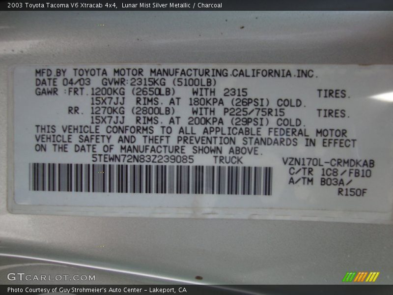 Lunar Mist Silver Metallic / Charcoal 2003 Toyota Tacoma V6 Xtracab 4x4