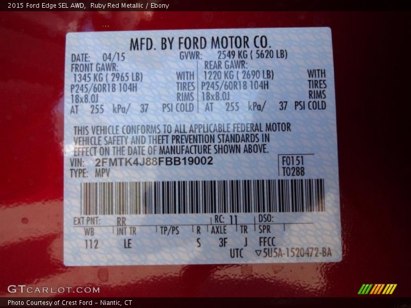 Ruby Red Metallic / Ebony 2015 Ford Edge SEL AWD