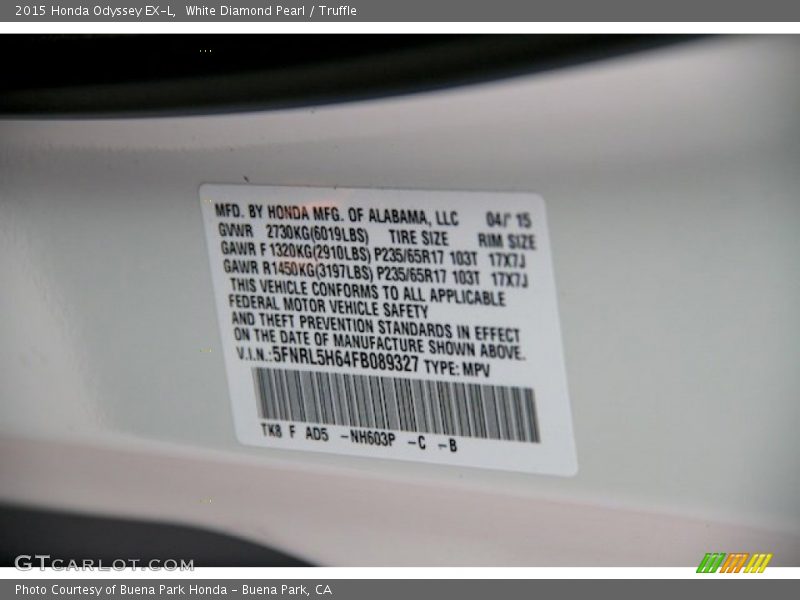 White Diamond Pearl / Truffle 2015 Honda Odyssey EX-L