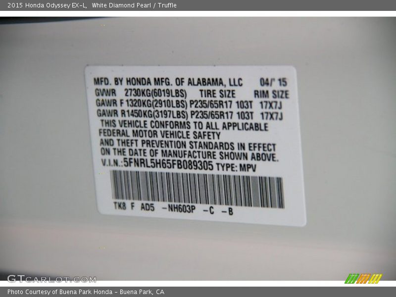 White Diamond Pearl / Truffle 2015 Honda Odyssey EX-L