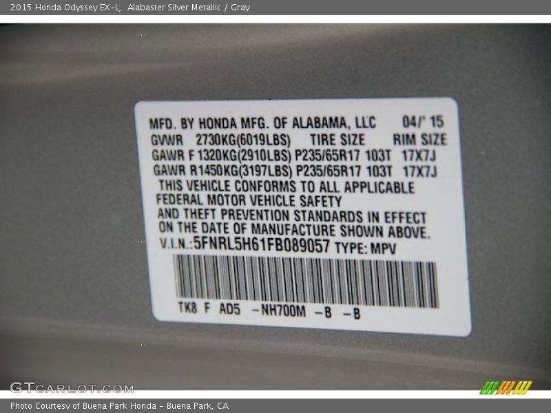 Alabaster Silver Metallic / Gray 2015 Honda Odyssey EX-L