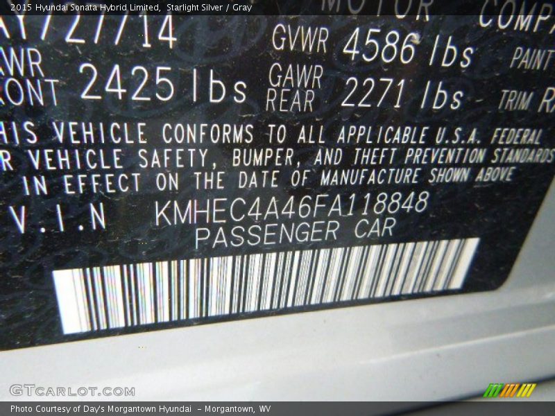 Starlight Silver / Gray 2015 Hyundai Sonata Hybrid Limited