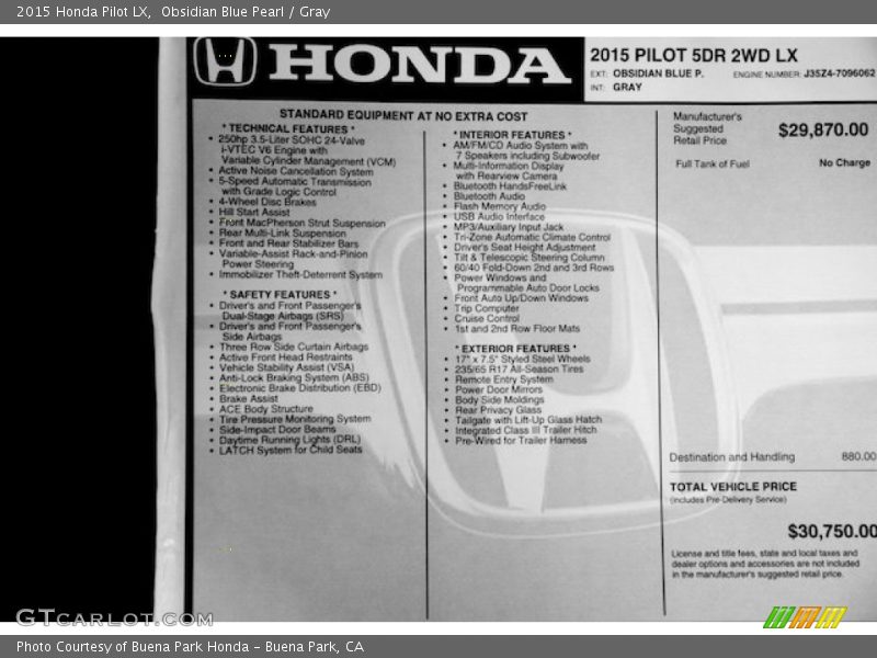 Obsidian Blue Pearl / Gray 2015 Honda Pilot LX
