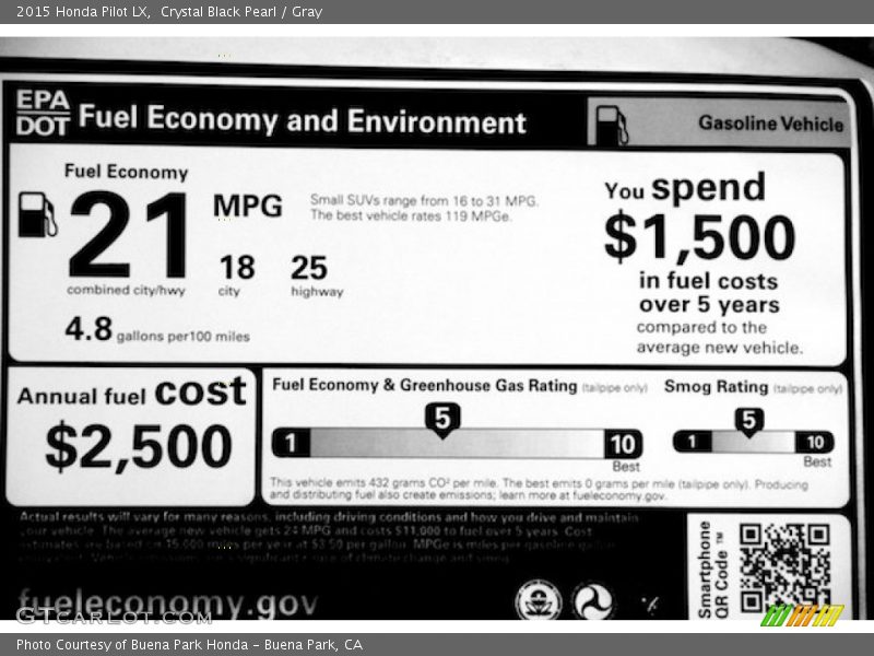 Crystal Black Pearl / Gray 2015 Honda Pilot LX