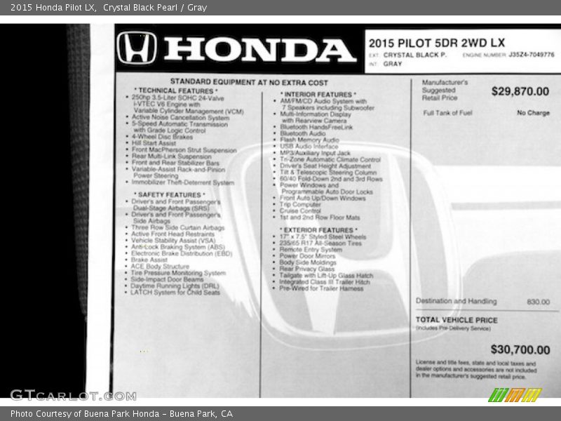 Crystal Black Pearl / Gray 2015 Honda Pilot LX