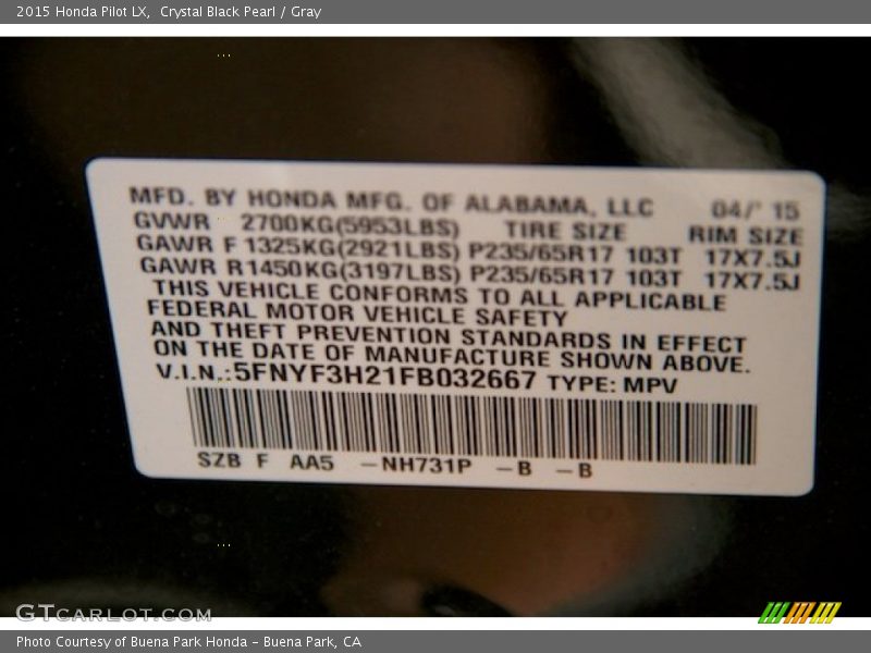 Crystal Black Pearl / Gray 2015 Honda Pilot LX