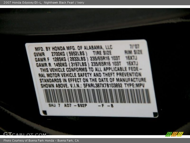 Nighthawk Black Pearl / Ivory 2007 Honda Odyssey EX-L