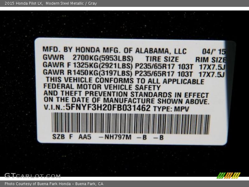 Modern Steel Metallic / Gray 2015 Honda Pilot LX