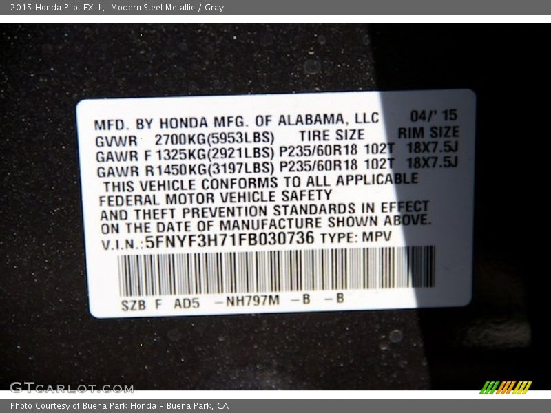 Modern Steel Metallic / Gray 2015 Honda Pilot EX-L