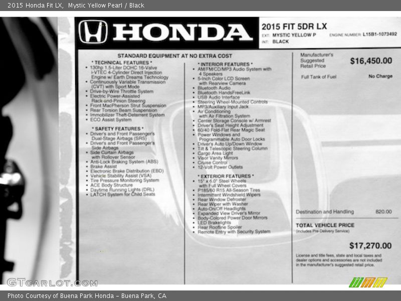 Mystic Yellow Pearl / Black 2015 Honda Fit LX