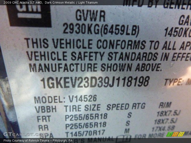 Dark Crimson Metallic / Light Titanium 2009 GMC Acadia SLT AWD