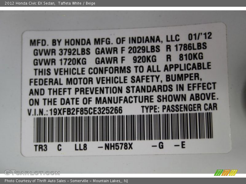 Taffeta White / Beige 2012 Honda Civic EX Sedan