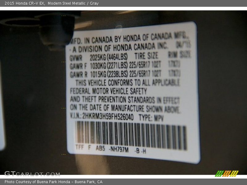 Modern Steel Metallic / Gray 2015 Honda CR-V EX