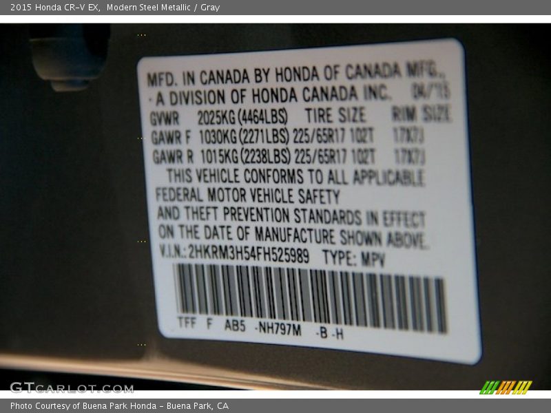 Modern Steel Metallic / Gray 2015 Honda CR-V EX