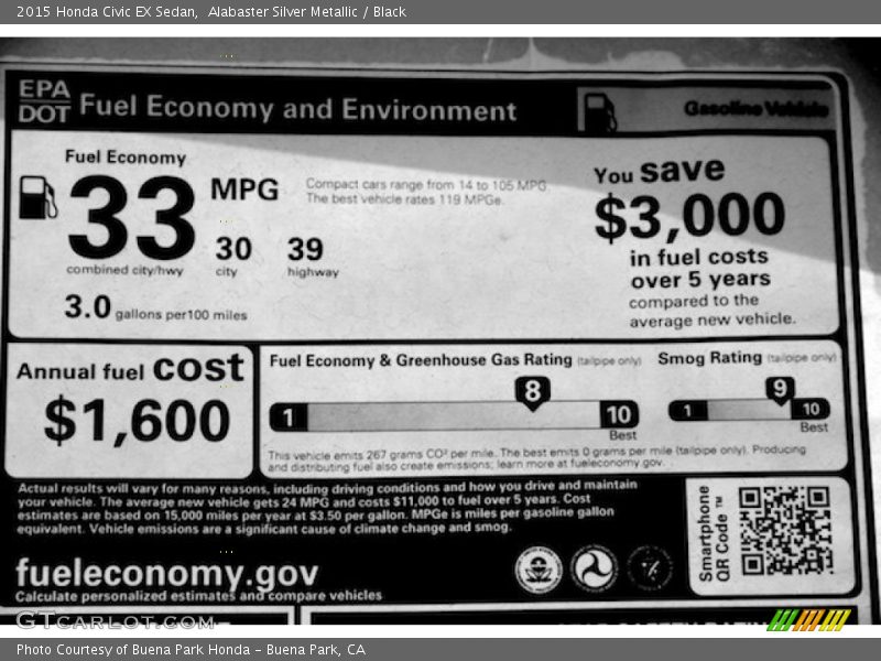 Alabaster Silver Metallic / Black 2015 Honda Civic EX Sedan