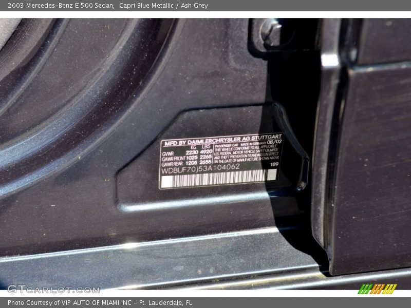 Capri Blue Metallic / Ash Grey 2003 Mercedes-Benz E 500 Sedan
