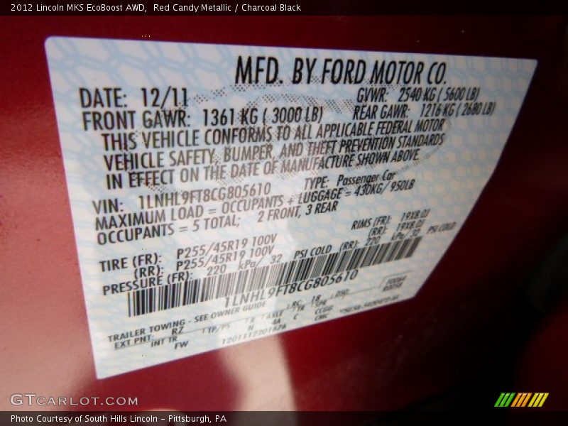 Red Candy Metallic / Charcoal Black 2012 Lincoln MKS EcoBoost AWD