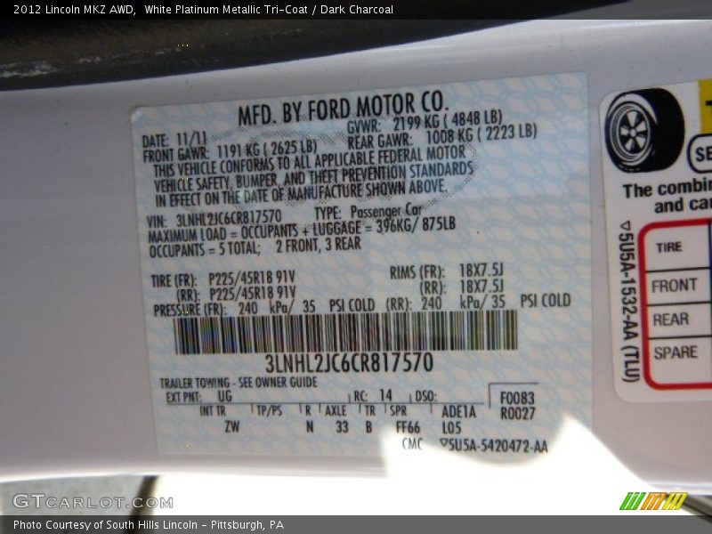 White Platinum Metallic Tri-Coat / Dark Charcoal 2012 Lincoln MKZ AWD