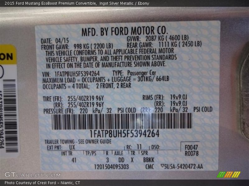 Ingot Silver Metallic / Ebony 2015 Ford Mustang EcoBoost Premium Convertible