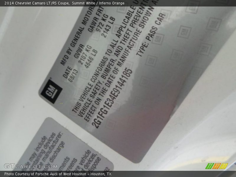 Summit White / Inferno Orange 2014 Chevrolet Camaro LT/RS Coupe