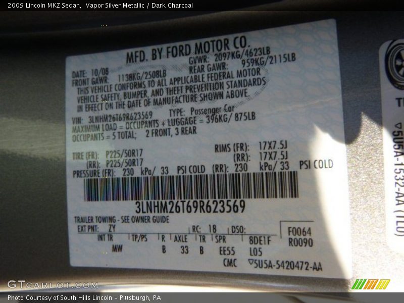 Vapor Silver Metallic / Dark Charcoal 2009 Lincoln MKZ Sedan