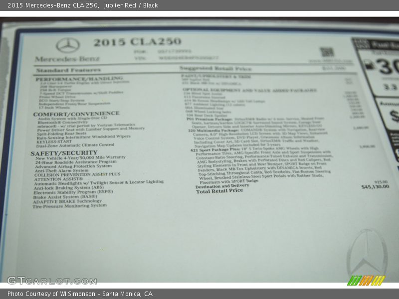 Jupiter Red / Black 2015 Mercedes-Benz CLA 250