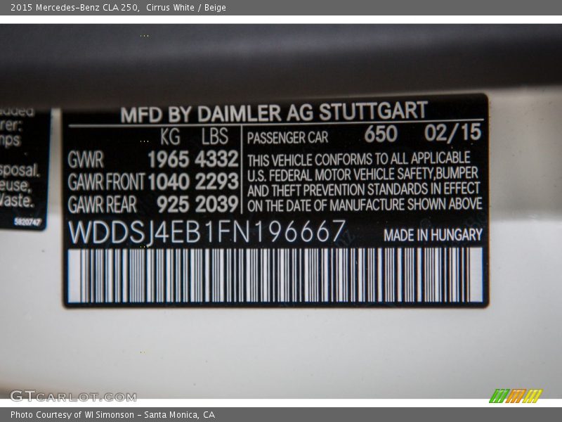 Cirrus White / Beige 2015 Mercedes-Benz CLA 250