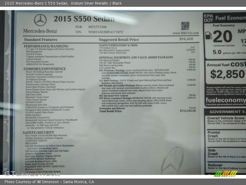Iridium Silver Metallic / Black 2015 Mercedes-Benz S 550 Sedan