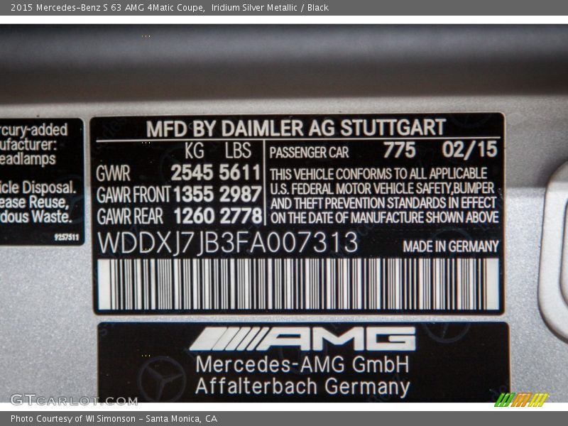 2015 S 63 AMG 4Matic Coupe Iridium Silver Metallic Color Code 775