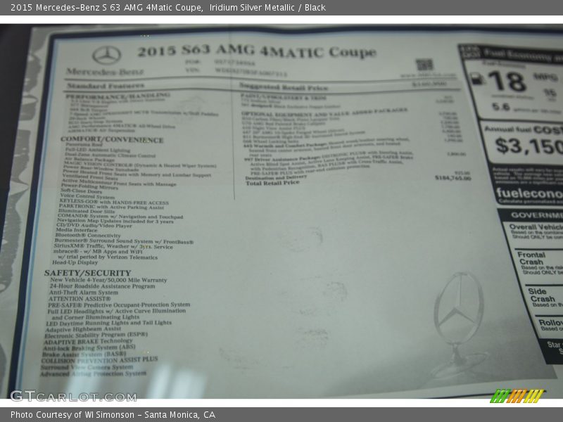  2015 S 63 AMG 4Matic Coupe Window Sticker