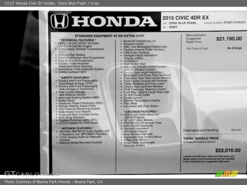 Dyno Blue Pearl / Gray 2015 Honda Civic EX Sedan