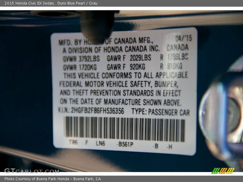 Dyno Blue Pearl / Gray 2015 Honda Civic EX Sedan