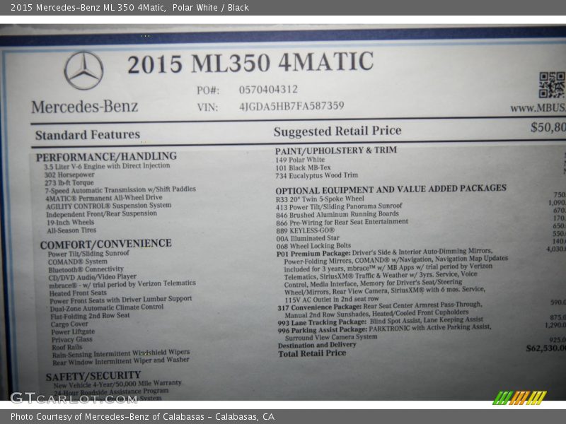 Polar White / Black 2015 Mercedes-Benz ML 350 4Matic