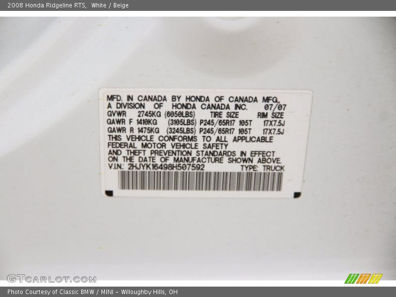 White / Beige 2008 Honda Ridgeline RTS
