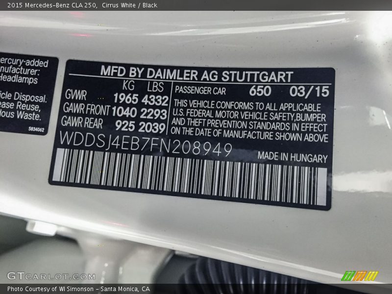 Cirrus White / Black 2015 Mercedes-Benz CLA 250