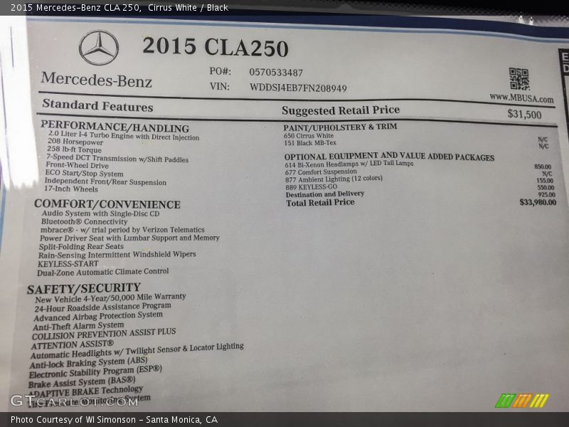 Cirrus White / Black 2015 Mercedes-Benz CLA 250